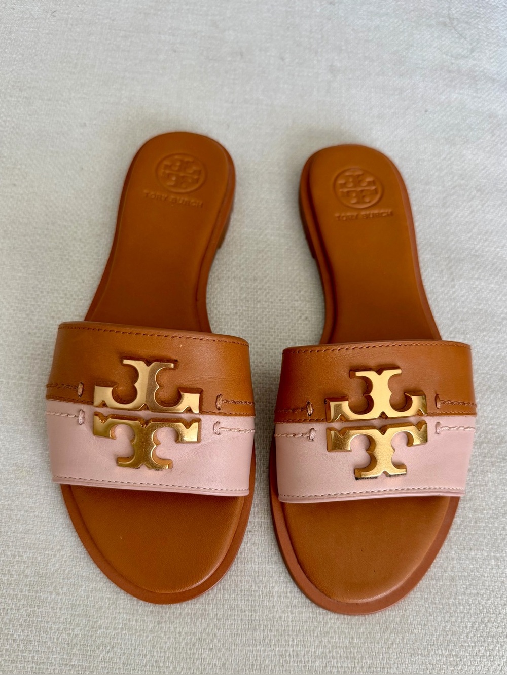 Tory Burch Everly Pink and Tan Leather Logo Slide Sandals